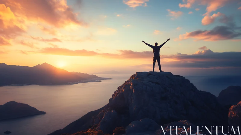Silhouette hails sunrise atop coastal mountain summit ridge.