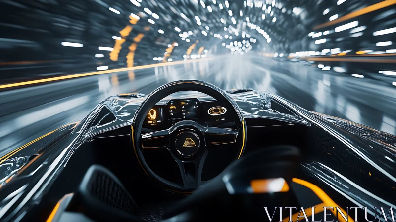 Futuristic cockpit view captures a hyper-speed tunnel drive.