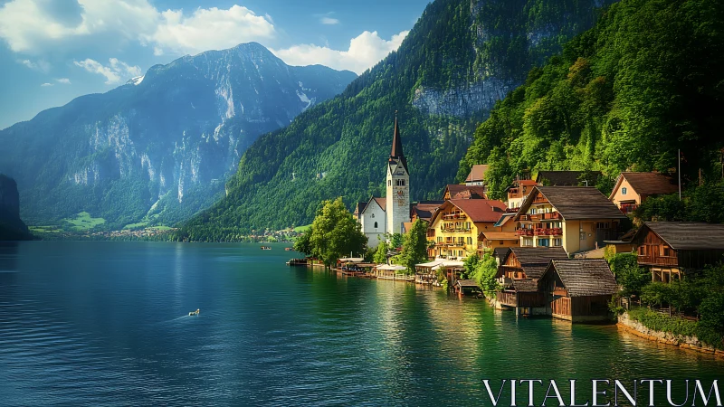Sunlit lakeside village leans into towering alpine giants