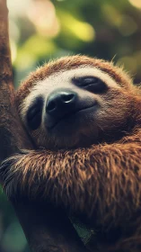 Sloth clings to tree branch with closed eyes and relaxed face
