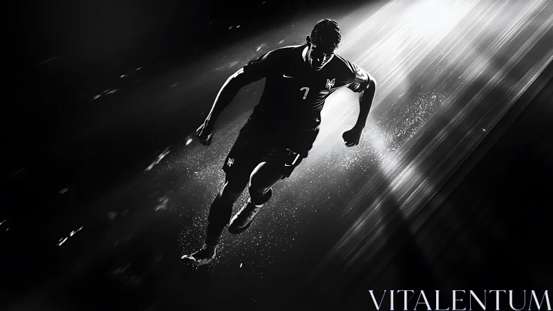 Dynamic monochrome soccer player sprinting through light beams.
