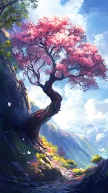 Digital painting of a flowering mountainside path and twisted tree.