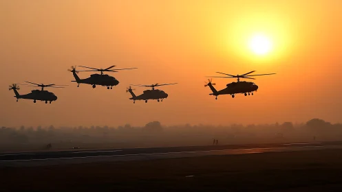 Helicopters gliding home across a golden sunset sky.