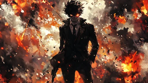 Suit-clad antihero with burning eyes amid chaotic explosions.