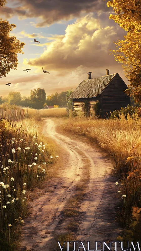 Dusty autumn lane curls past a sunlit cottage of quiet stories