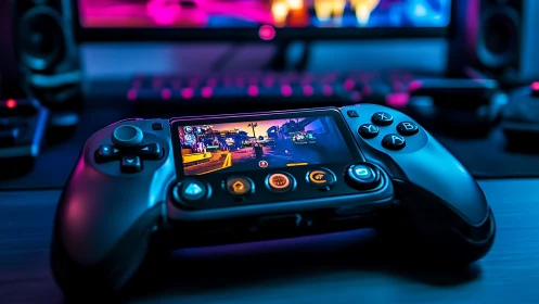 Portable Gaming Controller with Cityscape Display Screen