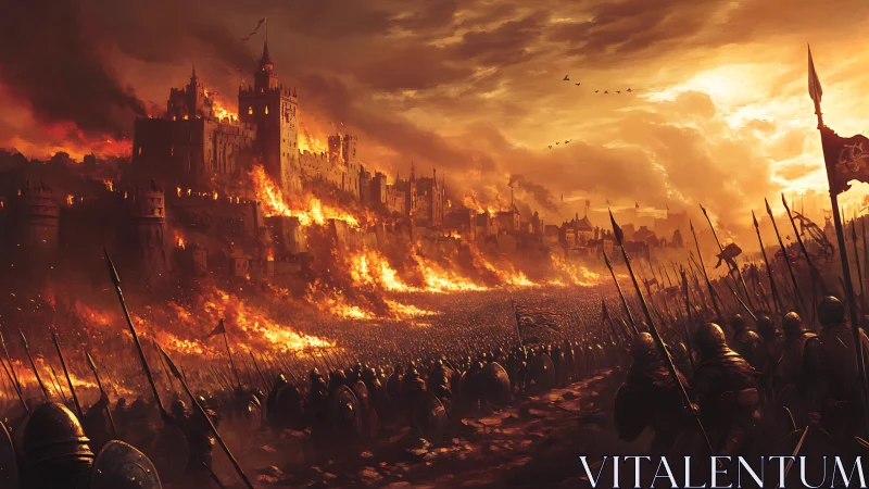 Medieval army assaults burning fortress city at sunset.