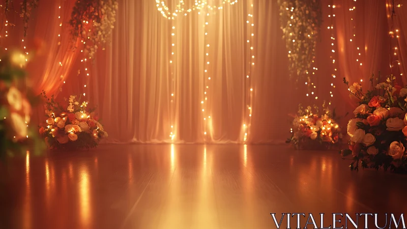 Golden evening stage with glowing lights and roses.