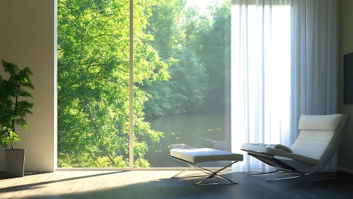 Modern minimalist lounge with lakeview floor to ceiling glazing