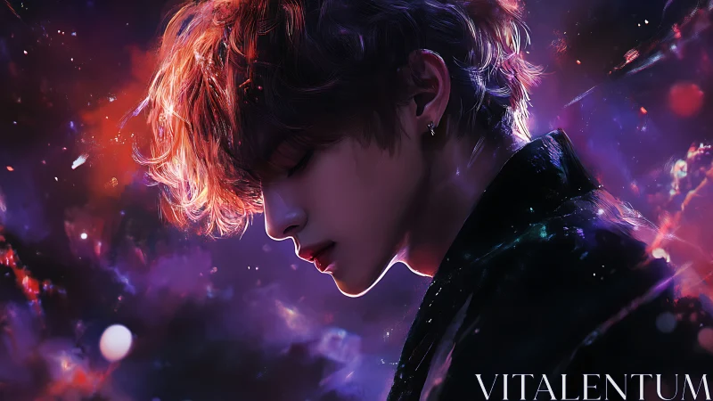 Starlit portrait of introspective youth in cosmic glow.