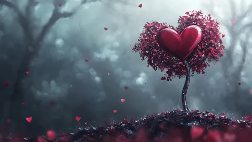 Love Blooms in Gray: Heart Tree's Tender Whisper.