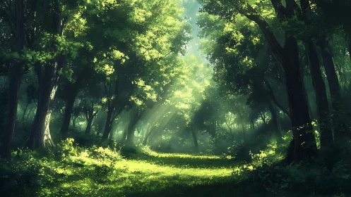 Sunlit Forest Path Through Ancient Trees.