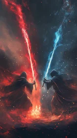 Dueling sorcerers carve molten red and icy blue rifts in night