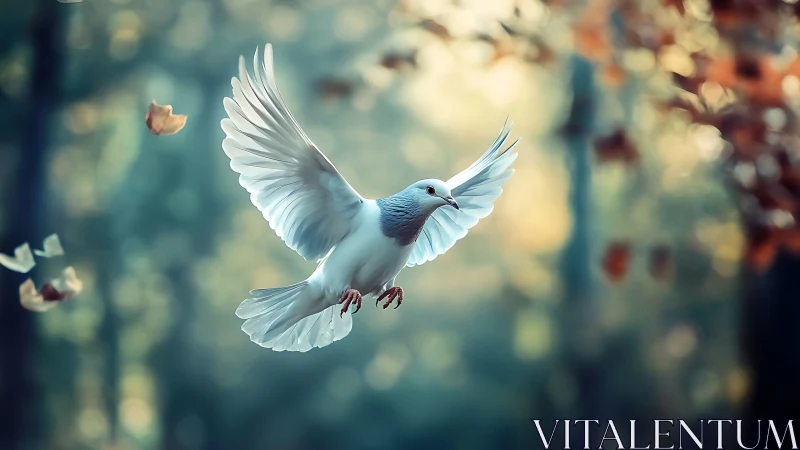White dove in flight with autumn leaves, soft bokeh background.