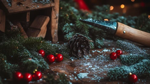 Rustic Christmas pinecone still life with frosted greenery.