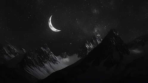 Silver crescent moon gently watching over quiet mountain peaks