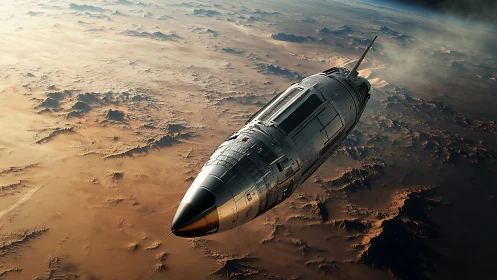 Futuristic spacecraft in low orbit above desert planet