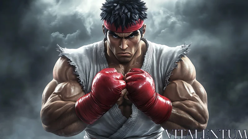 Muscular martial artist in white gi with red gloves poised