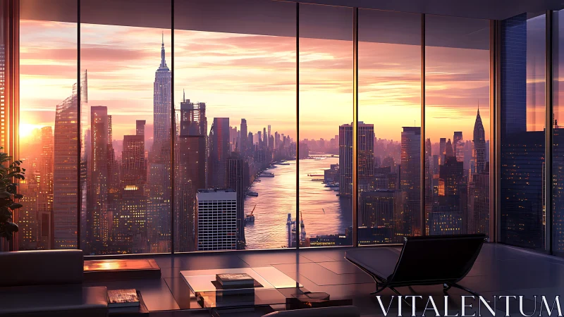 Urban skyline river view from high-rise interior at dusk.