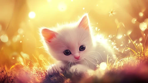 Luminous Whisker Wonder: Angelic Kitten Emerges from Golden Dreams.