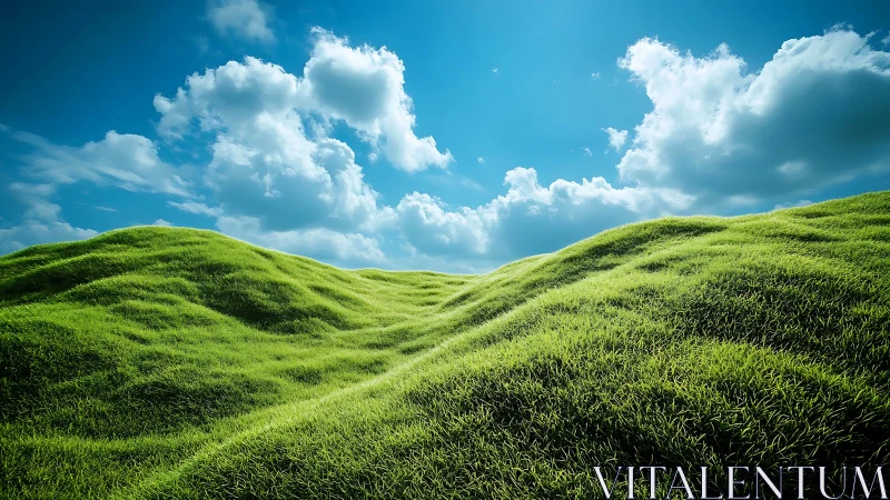 Sunlit grassy hills roll gently beneath vivid summer skies
