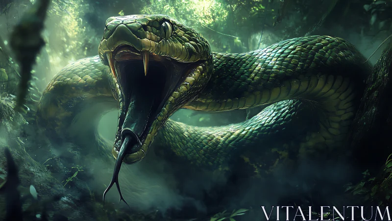 Aggressive emerald jungle serpent with gaping fanged maw