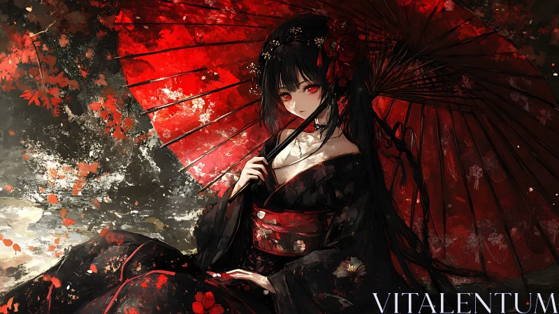 Red-eyed geisha under parasol rendered in dramatic anime style