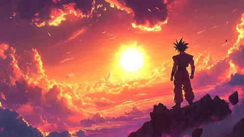 Anime warrior silhouette against vivid sunset sky.