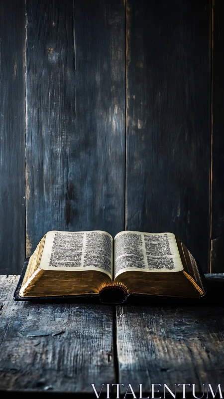 Golden-edged old book rests open on a rustic wooden table