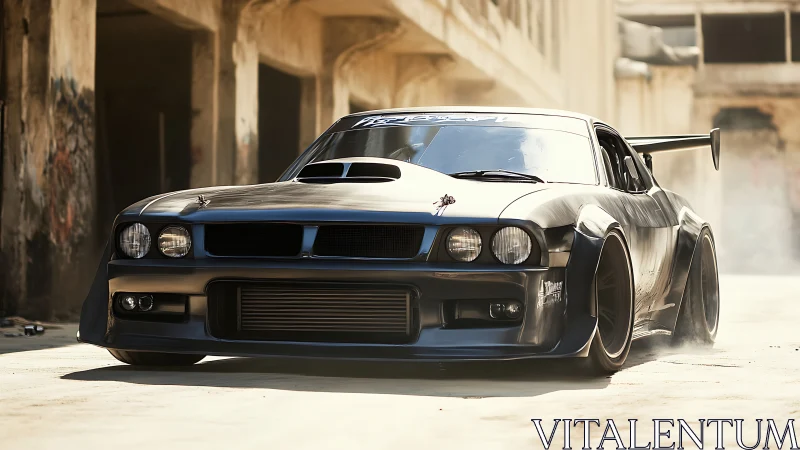 Matte black muscle car drifts through sunlit urban ruins.