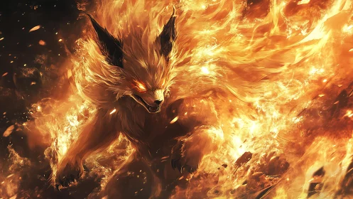 Infernal fox beast lunging through swirling wildfire storm.