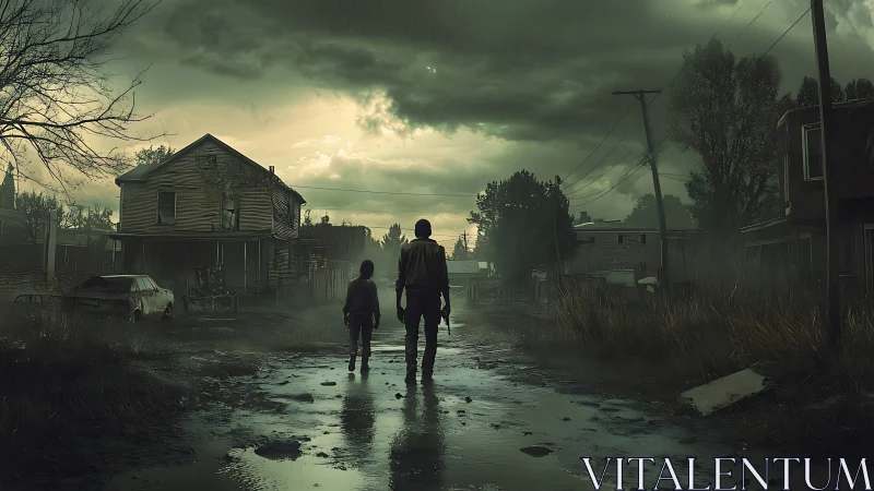 Two wanderers share a quiet walk through a ruined street.