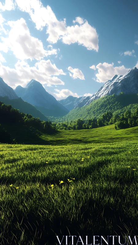 Sunlit mountain valley with deep green meadow foreground.