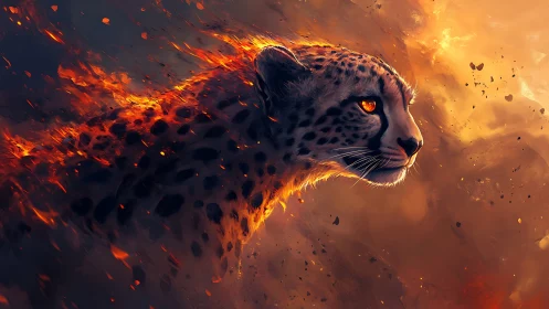 Cheetah profile rendered with fiery particle effects and glow