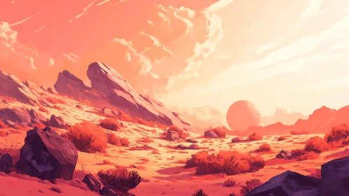 Crimson desert horizon with alien sun and drifting stone.