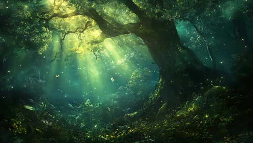 Enchanted forest glows beneath radiant emerald light beams.