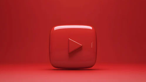 Glossy 3D YouTube Play Button Icon on Red Minimal Background.