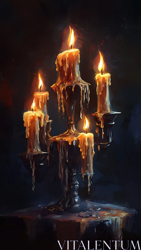 Melted candles on candelabrum rendered in dramatic chiaroscuro
