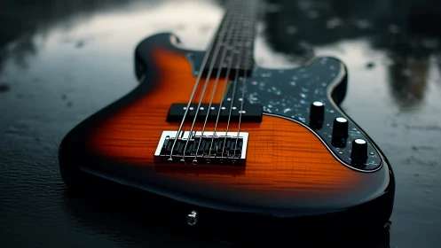 Sunburst electric bass with macro focus on bridge hardware