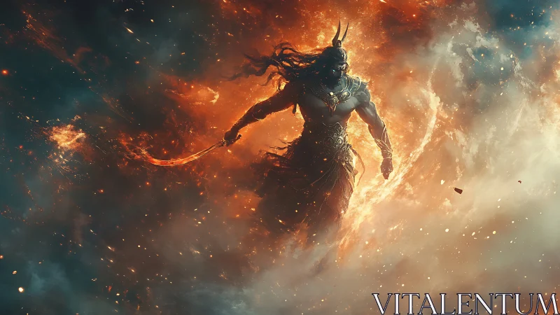 Mythic fire warrior strides through swirling cosmic flames
