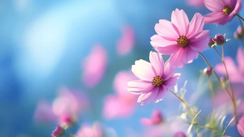 Pink cosmos flowers against blue background with selective depth