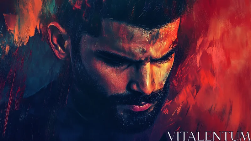 Moody digital portrait of a pensive man in intense colors.