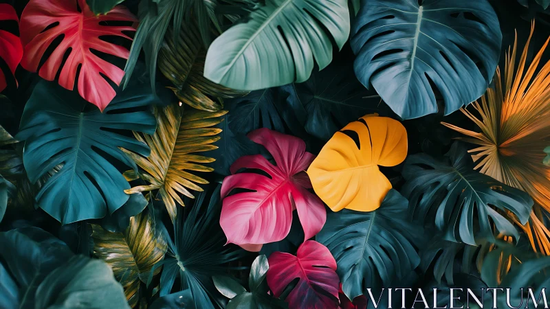 Colorful tropical leaves glowing in a dreamy jungle hideaway.