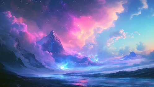 Luminous alpine seascape in iridescent nebula sky rendering.