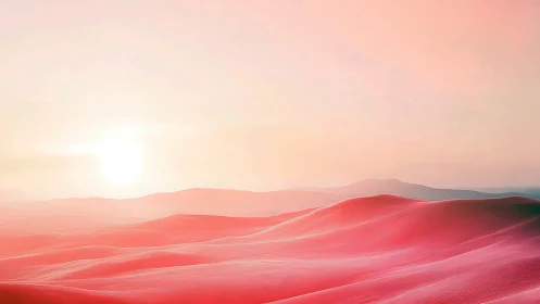 Iridescent pink desert dunes under diffuse sunrise haze