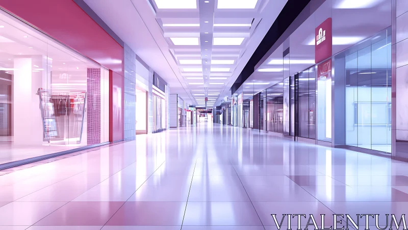 Empty glossy shopping mall corridor reflects pastel light