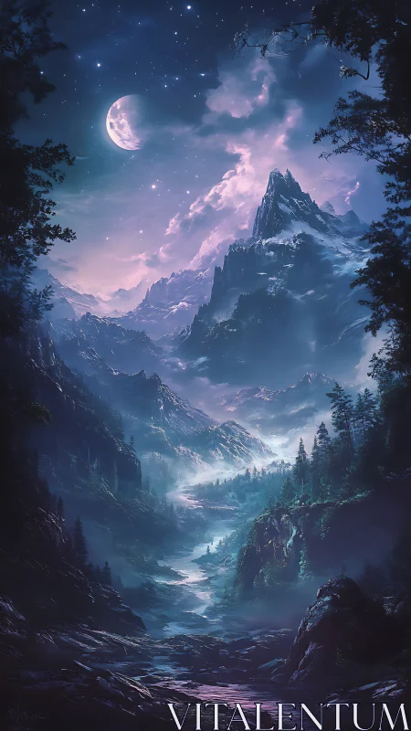 Moonlit river climbing through star-soaked spellbound peaks.