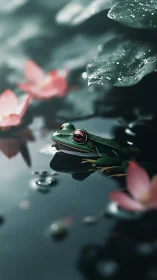 Red-eyed tree frog resting in reflective lotus pond at dusk