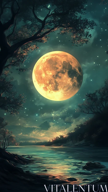 Enormous golden moon rising above luminous river gorge.