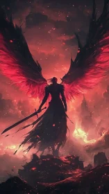 Fantasy digital painting of flaming winged warrior silhouette.